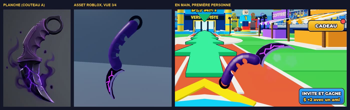 Le couteau karambit : l'image de la planche, l'objet Roblox, puis l'objet en main en première personne