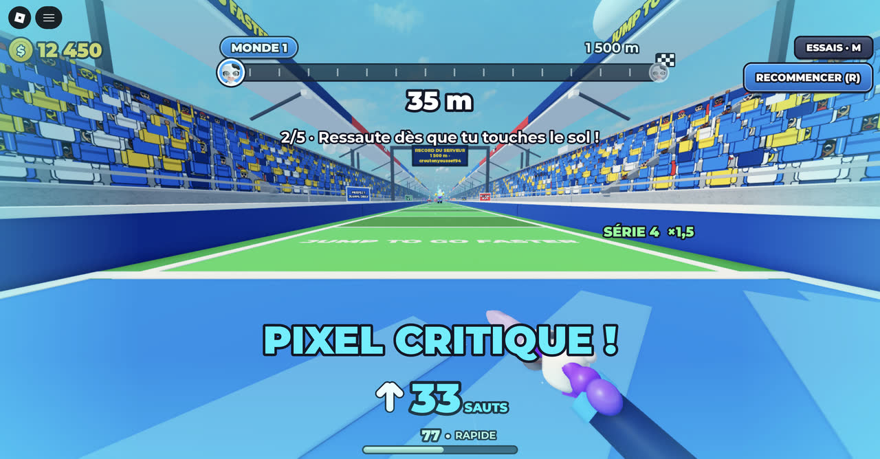Jump to Go Faster en jeu : la note PIXEL CRITIQUE s'affiche après un saut parfait, 33 sauts restants